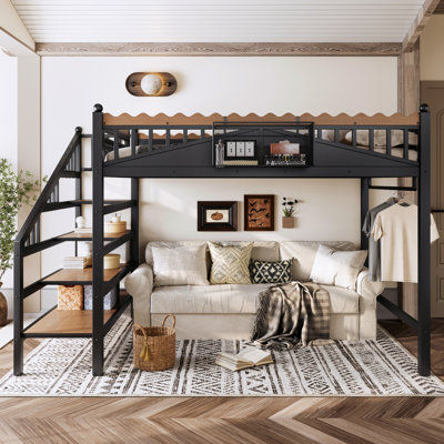 Grand lit mezzanine avec escalier de rangement, structure de lit mezzanine en métal avec tablettes de rangement et bibliothèque, lit mezzanine pour chambre à coucher, chambre d'amis, dortoir, noir
