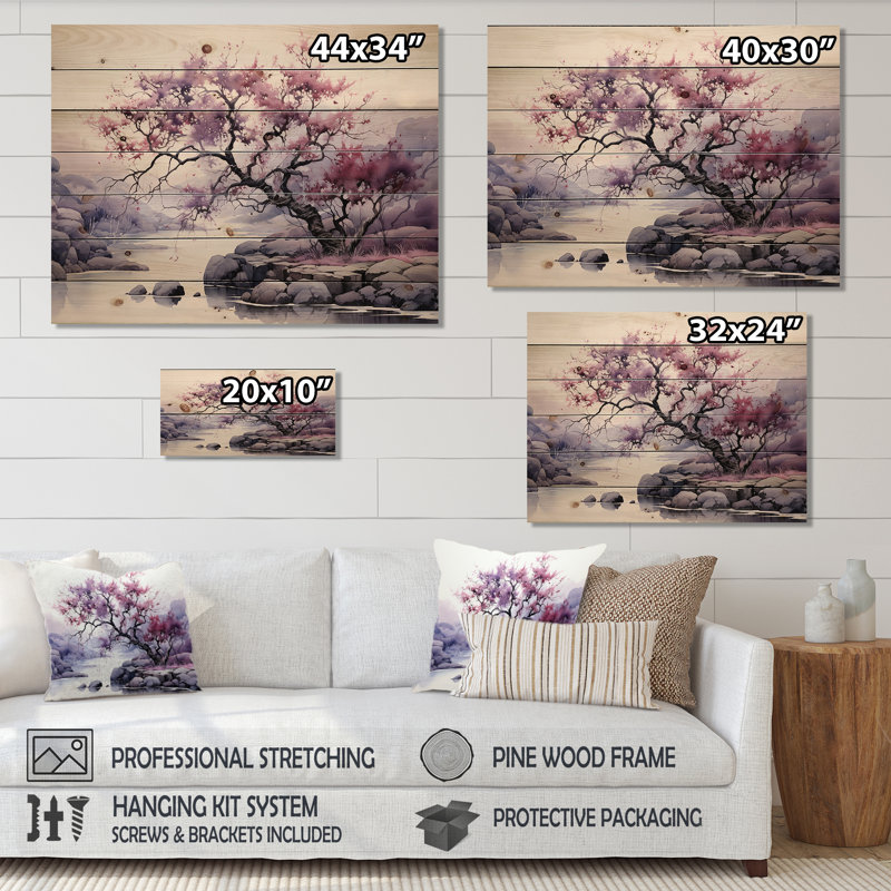 Amonnie, mauve, arbre, crépuscule, symphonie paysage II - impression sur bois, H 30 po x l 40 po x P 0,78 po