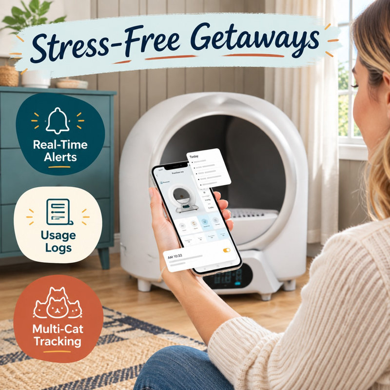 Pour les foyers avec plusieurs chats, le nettoyage automatique est contrôlé par une application intelligente via Wi-Fi 5 GHz ; des capteurs de sécurité avancés fonctionnent de concert avec un fonctionnement silencieux et un triple contrôle des odeurs.