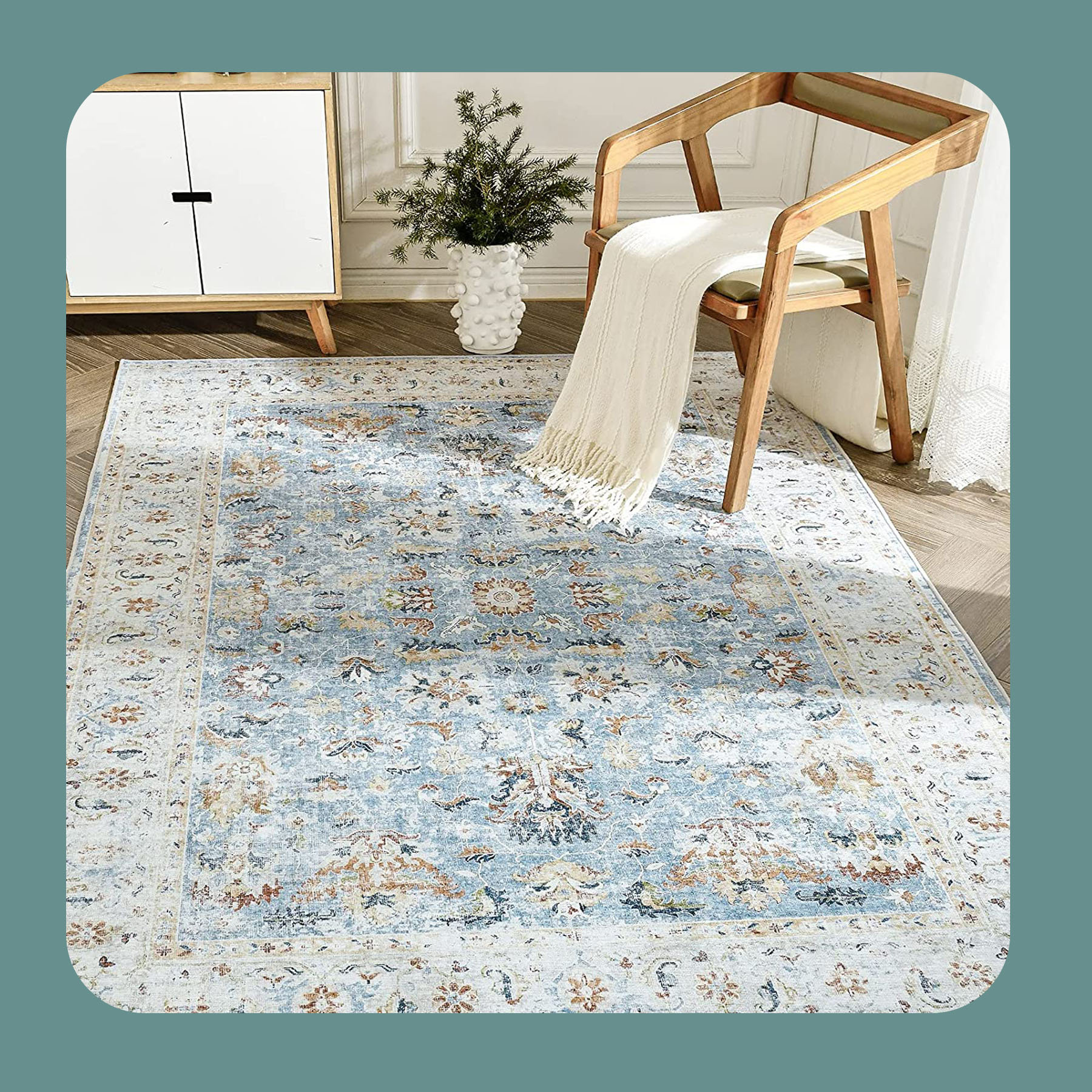 Oriental Machine Woven Rectangle 6' x 9' Synthetic Area Rug in Blue/Brown/Ivory Bungalow Rose