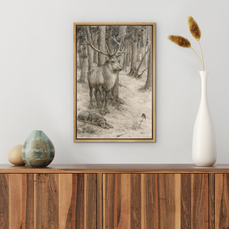 «Deer and Resting Dog in Woodland Scene», reproduction d'art sur toile encadrée dans la chambre principale, Naturel