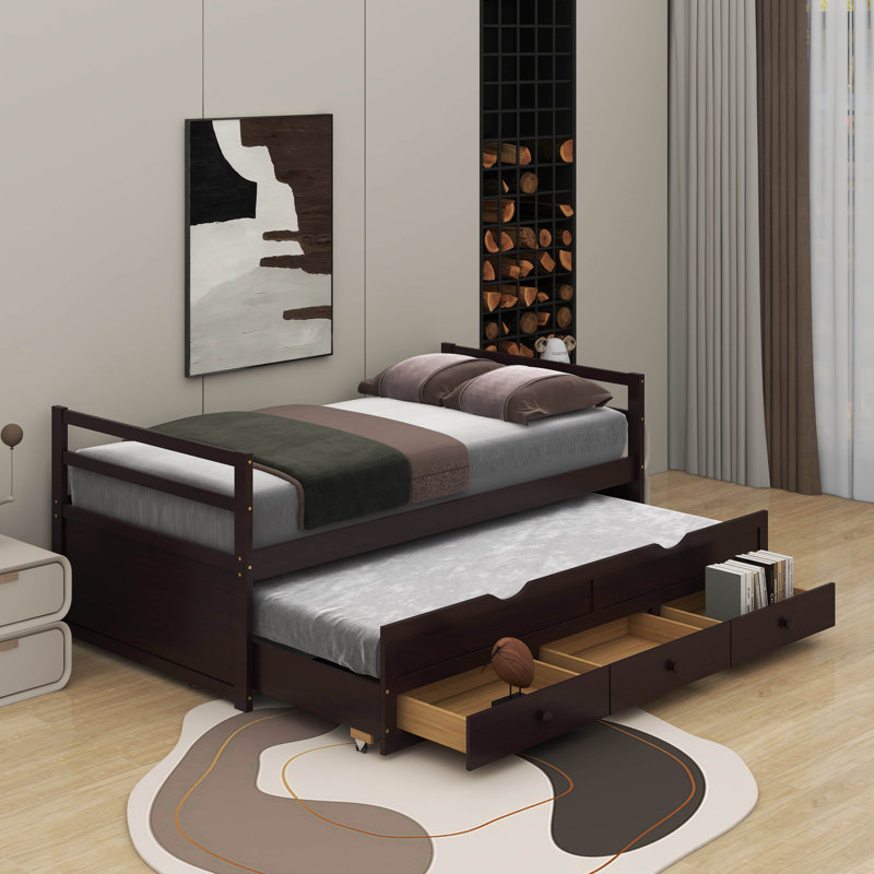 Twin Size Bed With Headboard, Footboard, Trundle And Three Storage Drawers, Espresso