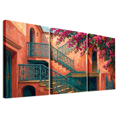 Ensemble de 3 toiles en terre cuite avec bougainvilliers et fer forgé