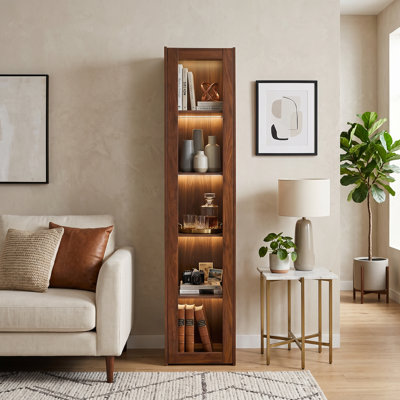 70.87" Tall Wood 1-door Display Cabinet with LED Lights & 5 Shelves