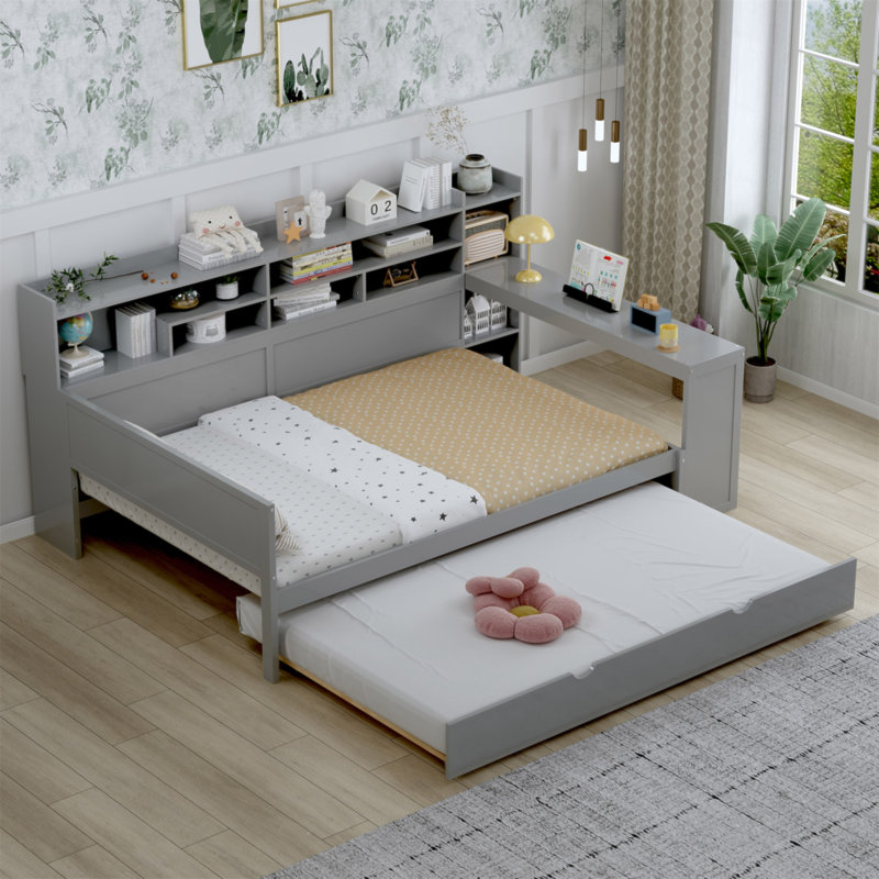 Lit de jour double en bois avec tablettes de rangement, lit multifonctionnel avec lit gigogne simple et bureau d'étude, gris