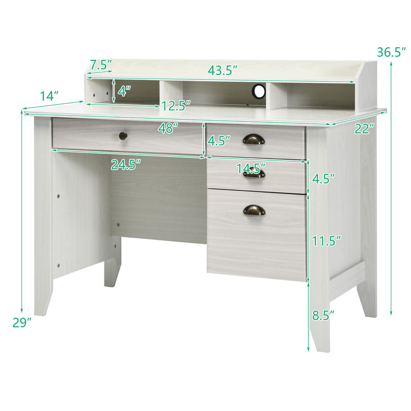 Vintage Computer Desk With 4 Drawers And Shelves, White