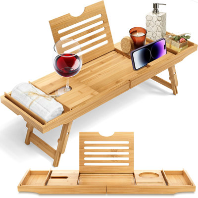 Natural Bamboo Wood Waterproof Tub And Bed With Folding Slide-Out Arms, Device Grooves, Wine Glass Soap Holder