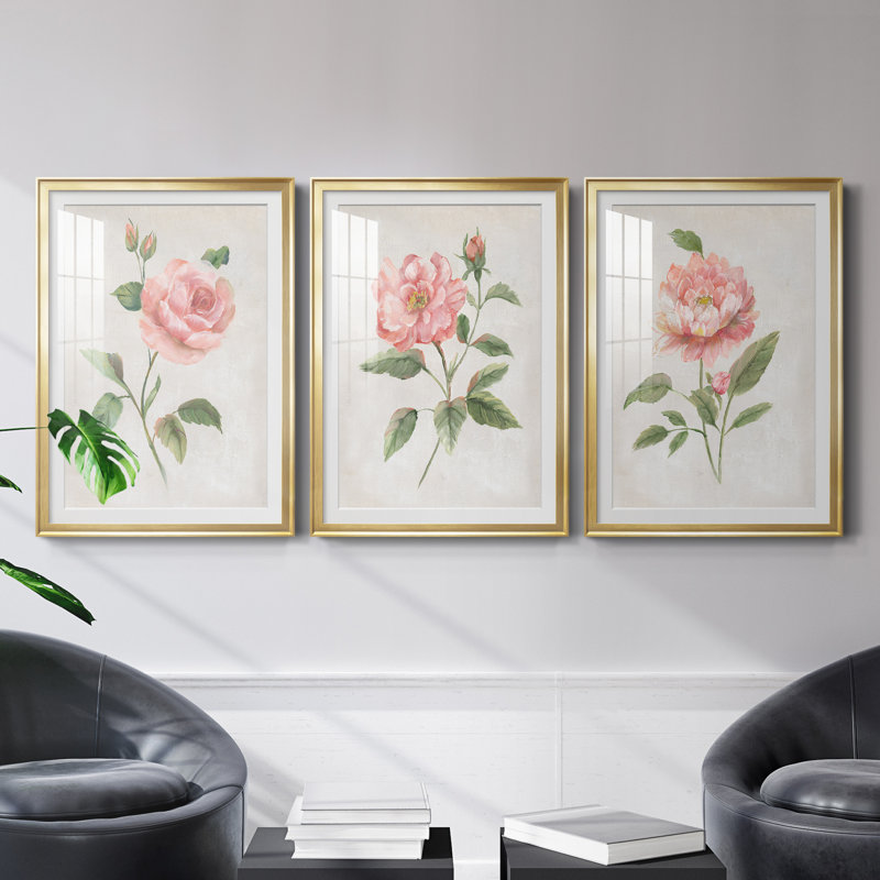 Grandiflora I - Ensemble de 3 reproductions d'art, H 26,5 po x l 109,5 po x P 4,5 po, Toile encadrée argentée