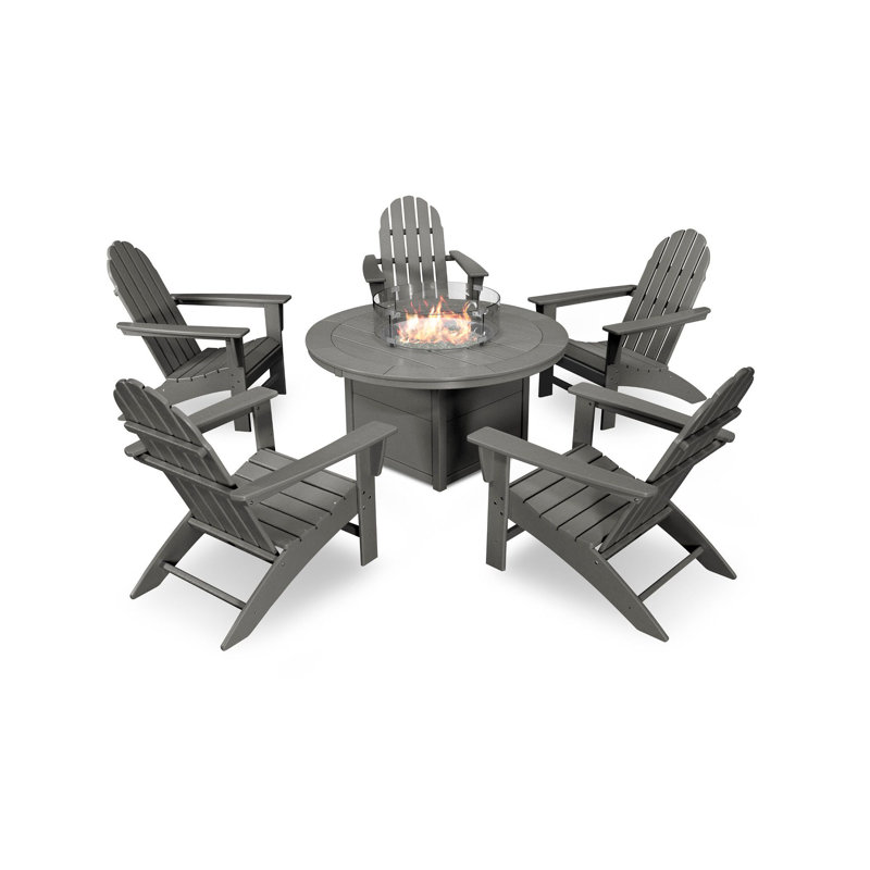 POLYWOOD Vineyard Adirondack 6-Piece Chat Set with Fire Pit Table, Slate Gray