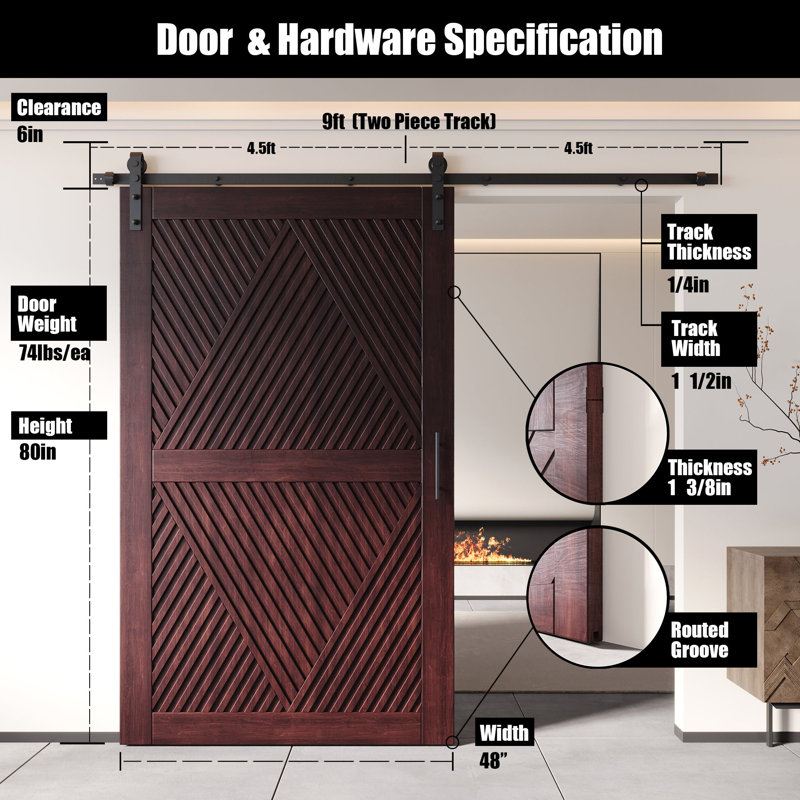 Porte de grange en forme de diamant non assemblée et non assemblée 48 po x 80 po Homacer Red Homacer, 48 po x 80 po