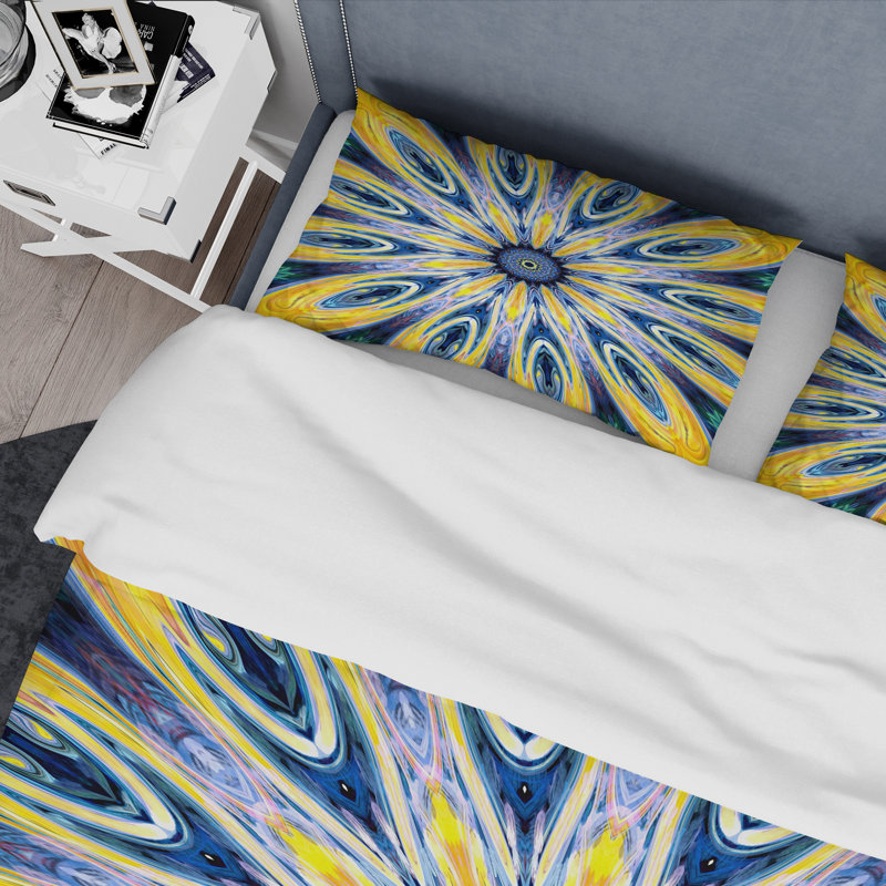 Ensemble de housse de couette en microfibre jaune / bleu, Housse de couette pour grand lit et 2 taies décor