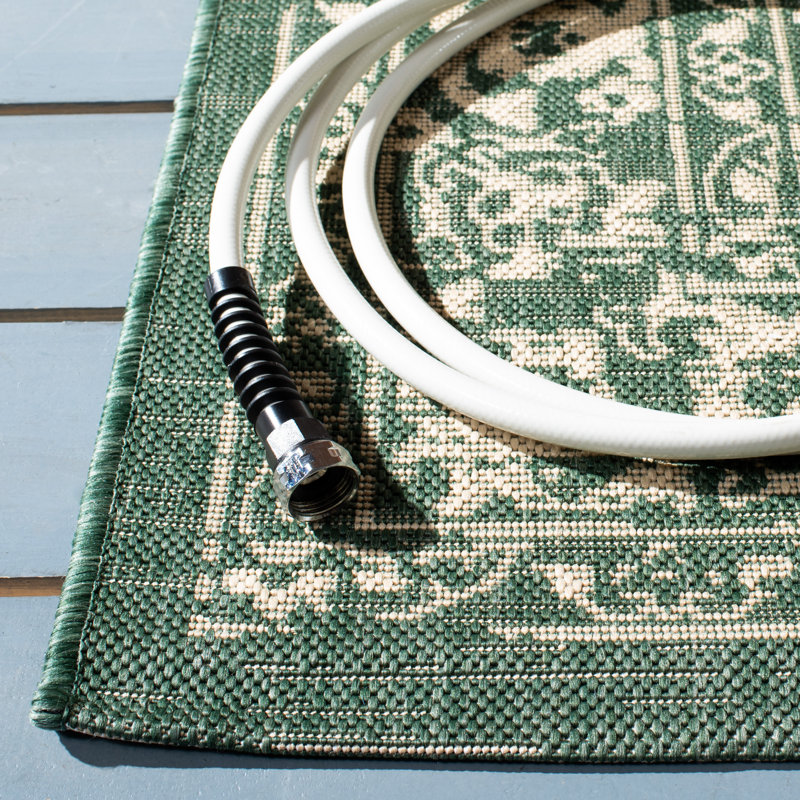 Courtyard Chic Dark Green and Beige 9' x 12' Synthetic Outdoor Rug