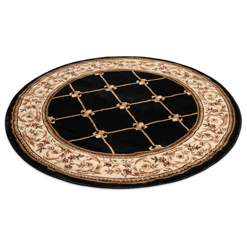 Tapis noir/ivoire tissé à la machine Pickett, Rond 5 pi 3 po