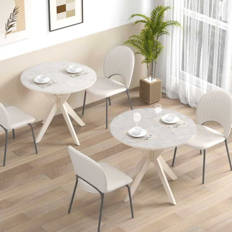 36-Inch Mid Century Modern Kitchen Table With Faux Marble Tabletop And Solid Rubber Wood Legs, White