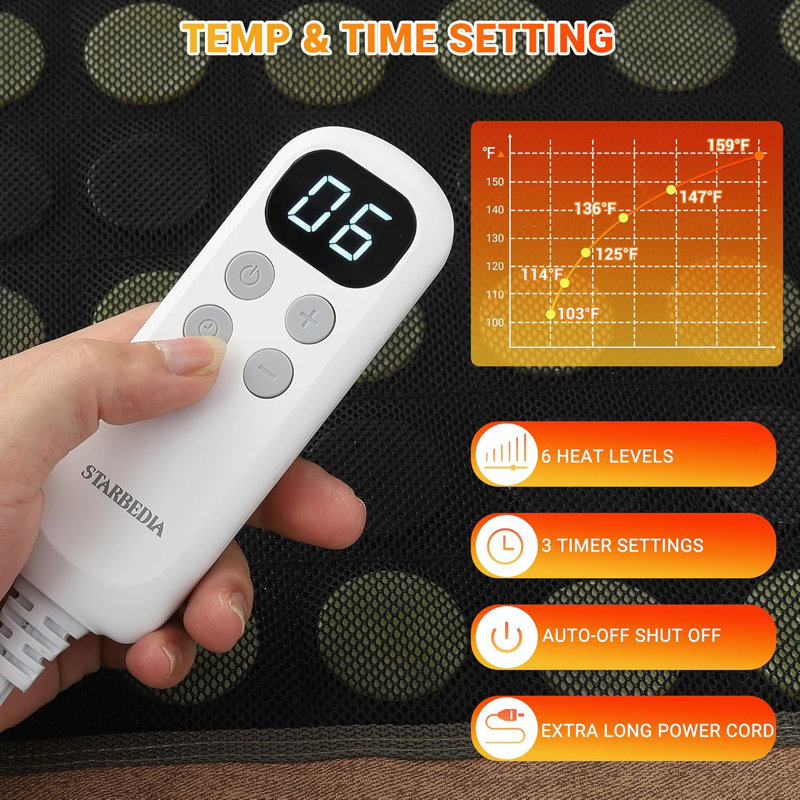 32"x21" Far Infrared Heating Pad with 6 Heat Levels & 3 Timer Settings, Electric Tourmaline Heat Therapy Pad for Back, Neck, Shoulder & Abdomen Pain Relief, Black