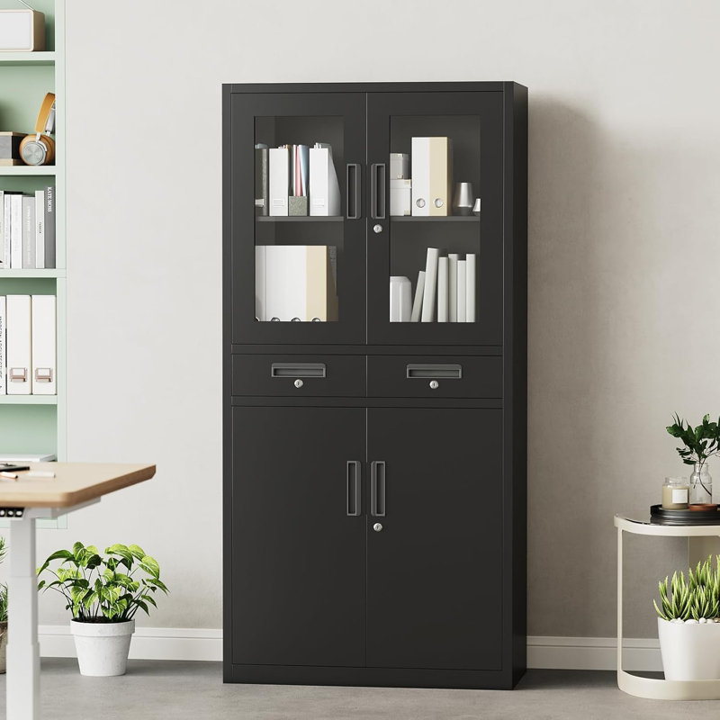 Metal Storage Cabinet with Lock, Locking Storage Cabinet with 2 Drawers and 2 Adjustable Shelves, Lockable Sideboard Cupboard for Home, Office, School, Garage