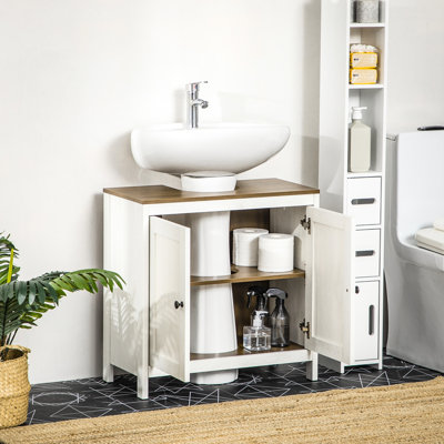 Armoire de meuble-lavabo antique blanc sur pied, tablette au sol, tablette réglable, portes doubles modernes sous l'apparence