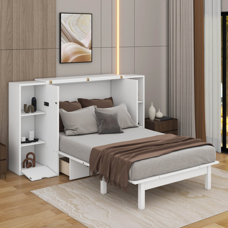 Grand lit escamotable avec tablettes, tiroirs et port USB, Blanc