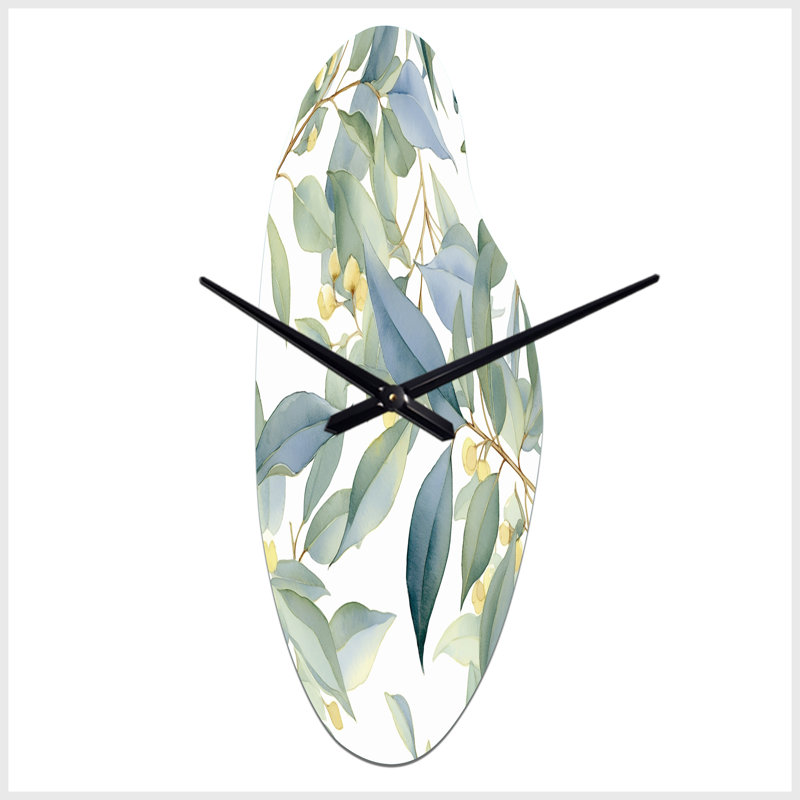 Pulcherie blanc vert minimaliste eucalyptus Essence I - horloge murale courbée florale, Médium