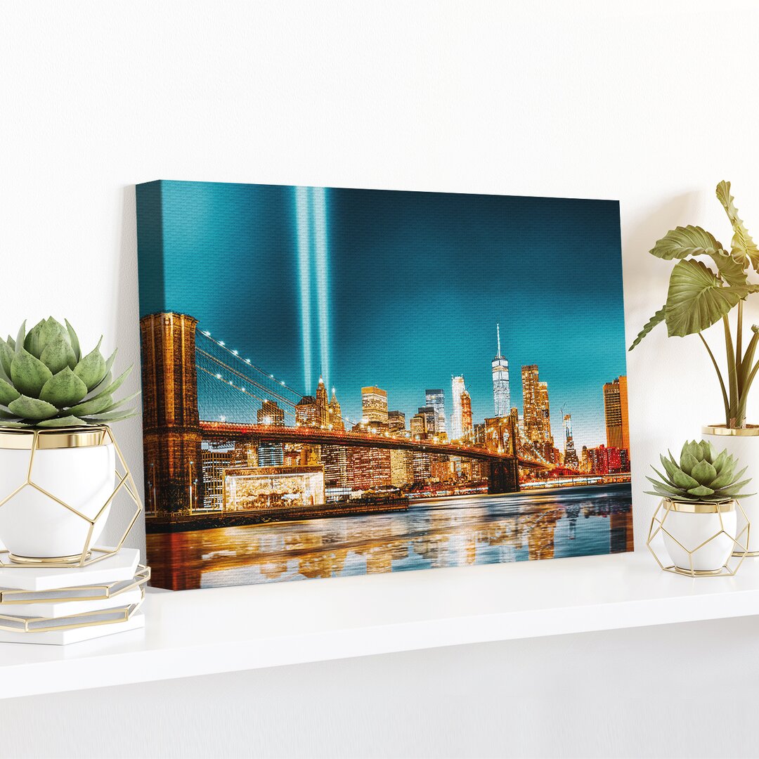 Leinwandbild New York Manhattan Brooklyn Bridge At Night 60X40cm – Premium Leinwanddruck – Kunstdruck Auf 2Cm Holz-Keilr...