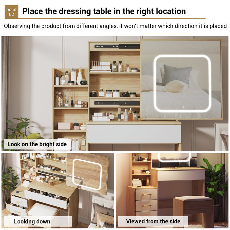 Vanity Desk with Sliding Mirror and Lights, Makeup Vanity Set with 4 Drawers, 3 Color Adjustable Lighting Modes, Makeup Dressing Table for Bedroom