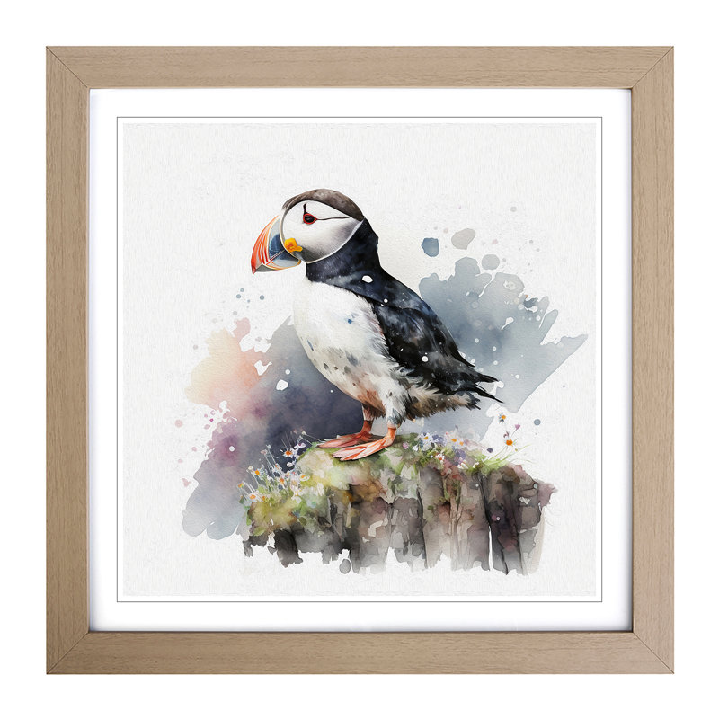 Puffin Watercolour - Single Picture Frame Print on Wood, Walnut