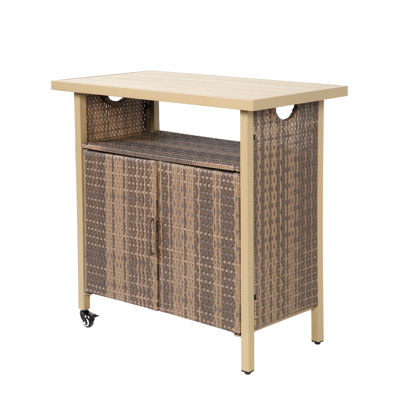 Outdoor Wicker Bar Cart, Patio Wine Serving Cart W/Wheels , Rolling Rattan Beverage Bar Counter Table W/Glass Top For Porch Backyard Garden Poolside Party