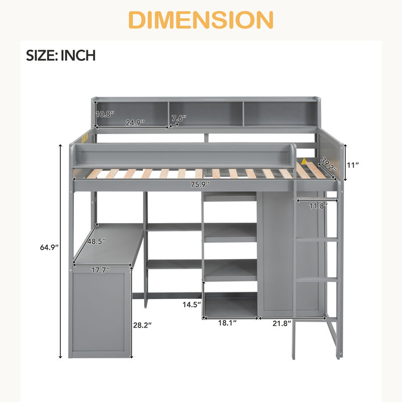Lit mezzanine en bois avec plusieurs tablettes de rangement et garde-robe, Gris