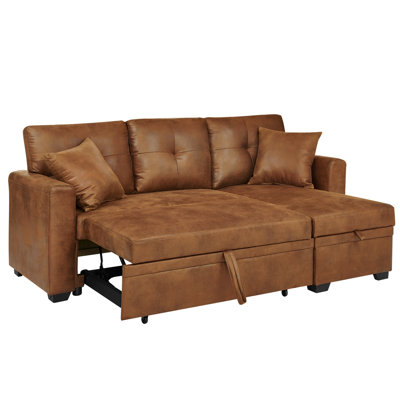 76.5" Reversible Sectional Sleeper Sofa with Pull-Out Bed & Storage Chaise, L-Shaped Convertible Couch in Light Brown Breathable Fabric for Small Spaces