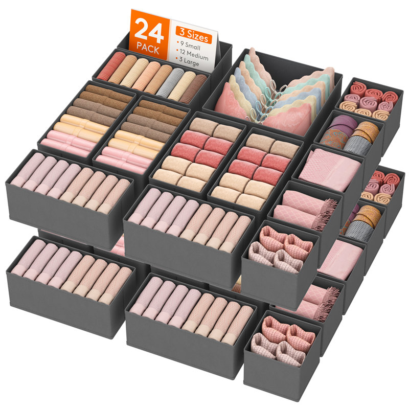 Drawer Organizer Clothes For Closet 24 Pack, 3 Sizes Underwear Wardrobe Drawer Dividers, Fabric Foldable Dresser Storage Organizer Bins For Sock, Bra, Lingerie, Undies