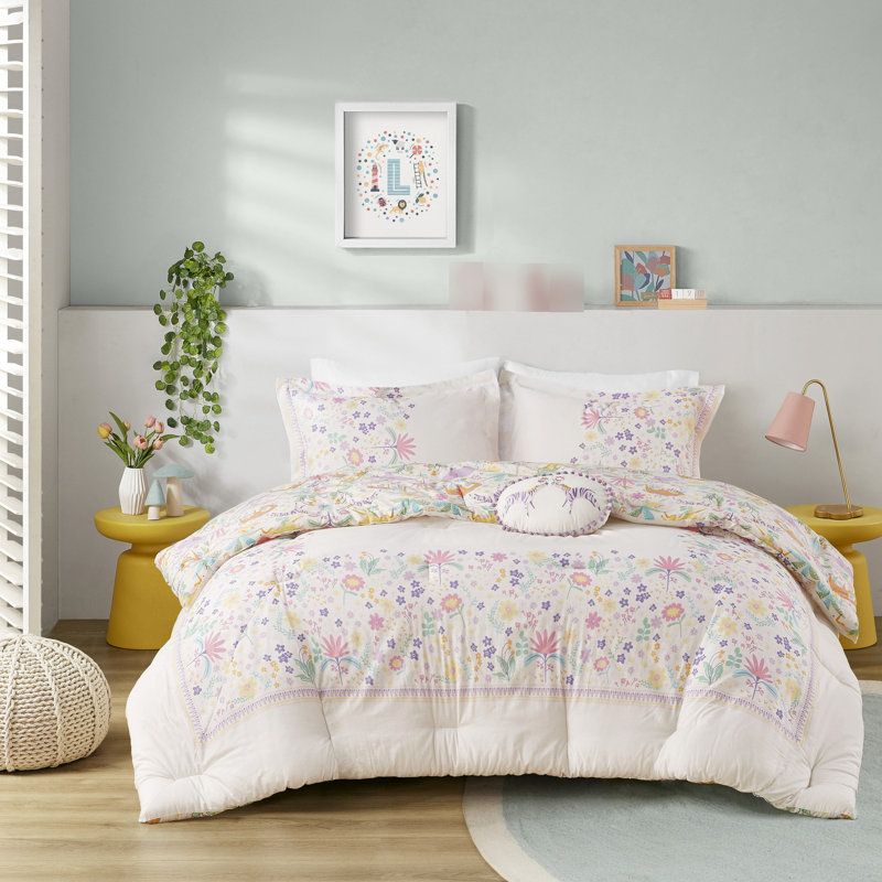Édredon simple en coton 3 pièces avec motif floral réversible mauve, rembourrage et coussin lavable à la machine lavable à la machine