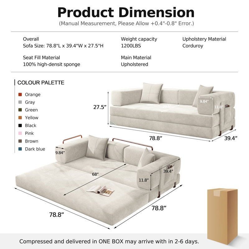 78.8''Sleeper Couch Bed for Livingroom,Convertible Modular Sofa with Armrest Pillow,Modular Foldable Corduroy Couches in a Box,No Assembly