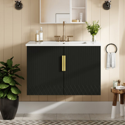 Meuble-lavabo sur pied 30 po avec lavabo en céramique, robinet à 3 trous et portes à fermeture en douceur