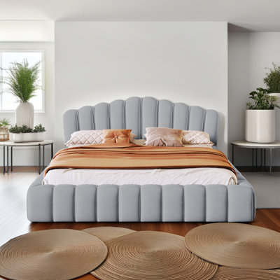 Velvet Queen Bed Frame - Shell-Shaped Upholstered Headboard, Low-Profile Floor Bed, No Box Spring Needed