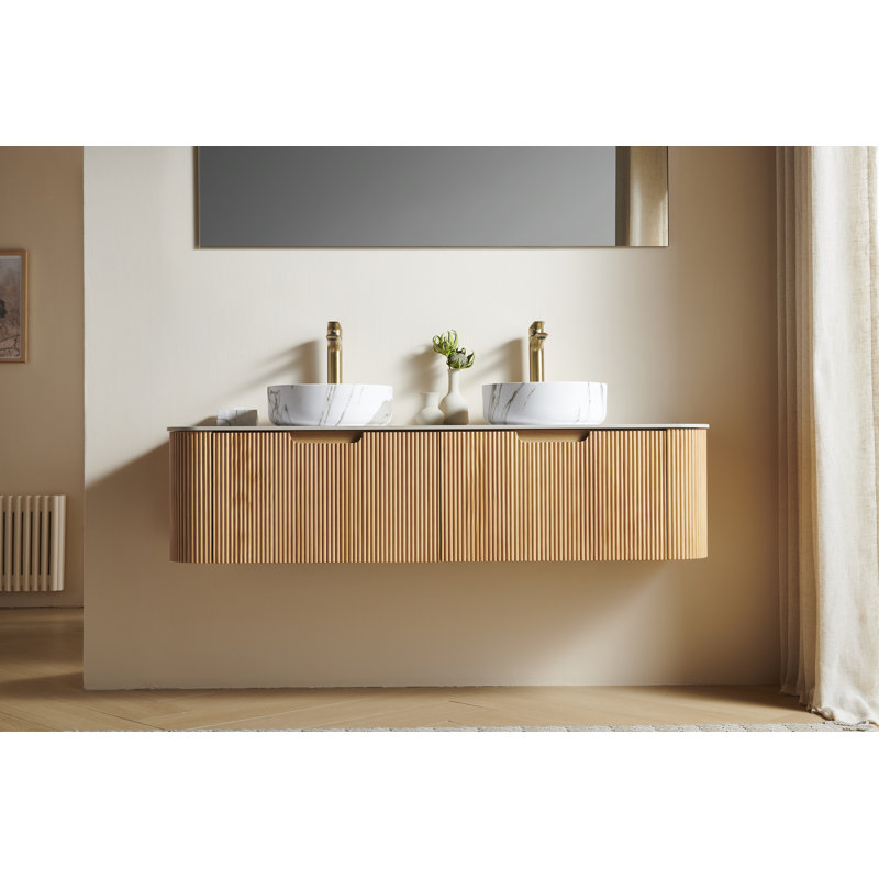 DINA 60" Bathroom Vanity&Sinks, Floating Curved Edges Striped Storage Cabinet with 2 Drawers, 2 Stone White Round Ceramic Basins&Carrara White Sintered Stone Top, Pre-assembled, Natural Woodgrain 