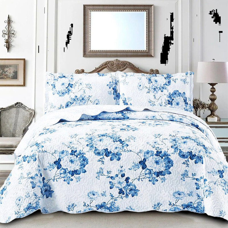 Printed Bedspread Set Floral Pattern with Matching Pillow Shams, Soft Microfiber Coverlet, Lightweight & All-Season Bedding