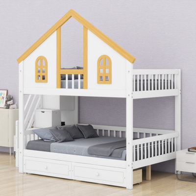 Lit superposé pour enfant avec maisonnette, escalier et tiroirs de rangement