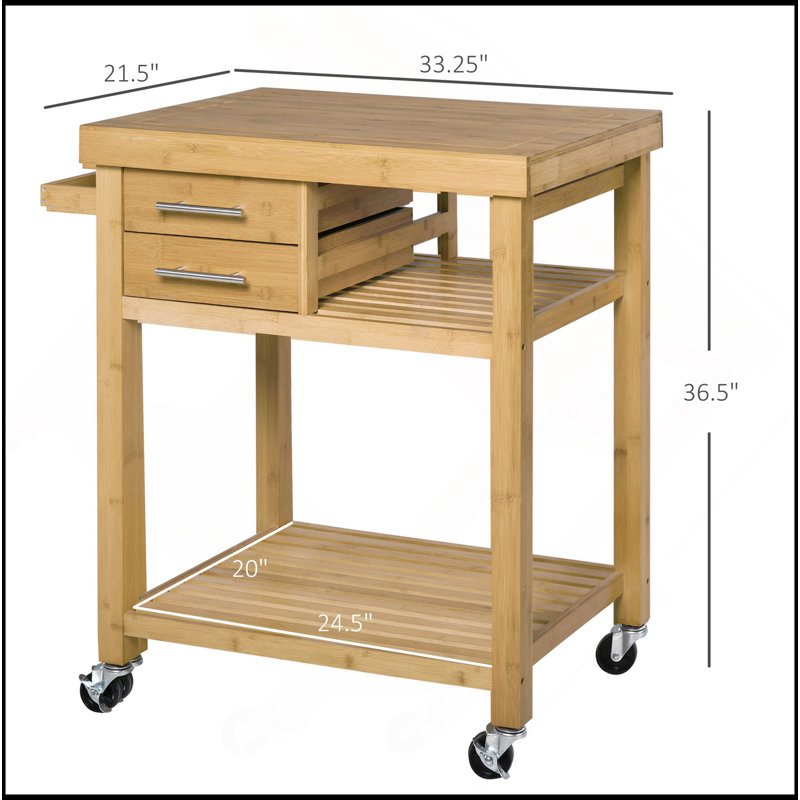 Bamboo Kitchen Island Cart On Wheels, Utility Trolley Cart With 2 Storage Drawers And Open Shelves, Bamboo Tone