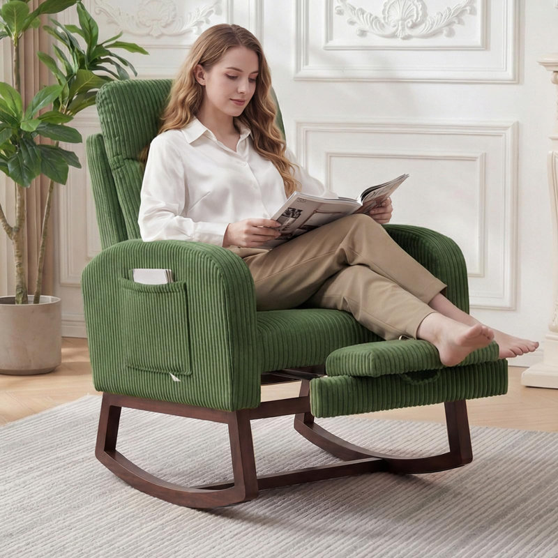 High Back Nursery Rocking Chair with Adjustable Footrest, Side Pocket, Green