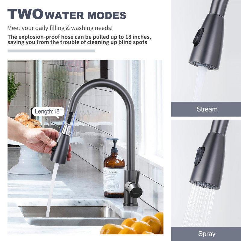 304 Stainless Steel Kitchen Sink Faucet with Pull Down Sprayer, High-Arc Single Handle Kitchen Faucet with Deck Plate