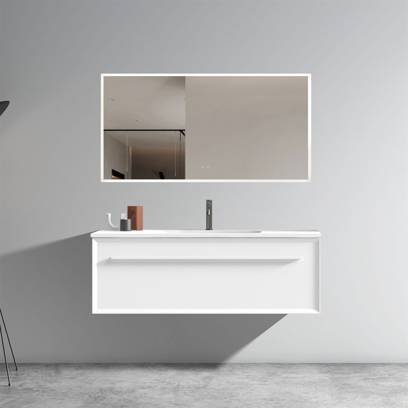 U051-Nevia48w-156 Meuble-lavabo blanc mat 48 po Nevia avec lavabo à surface solide blanc, meuble-lavabo mural flottant