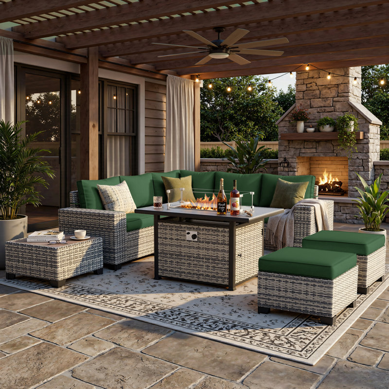 9-Piece Outdoor Modular Patio Conversation Set With Fire Pit Table, Sectional Sofa & Ottomans, Forest Green