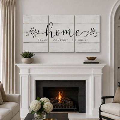 Farmhouse Home Quote with Peace Comfort Belonging Artwork, Living Room Pictures, Framed Canvas Giclee Print 3 Pieces Wall Art - 16"x24"x3pcs, 24"x36"x3pcs