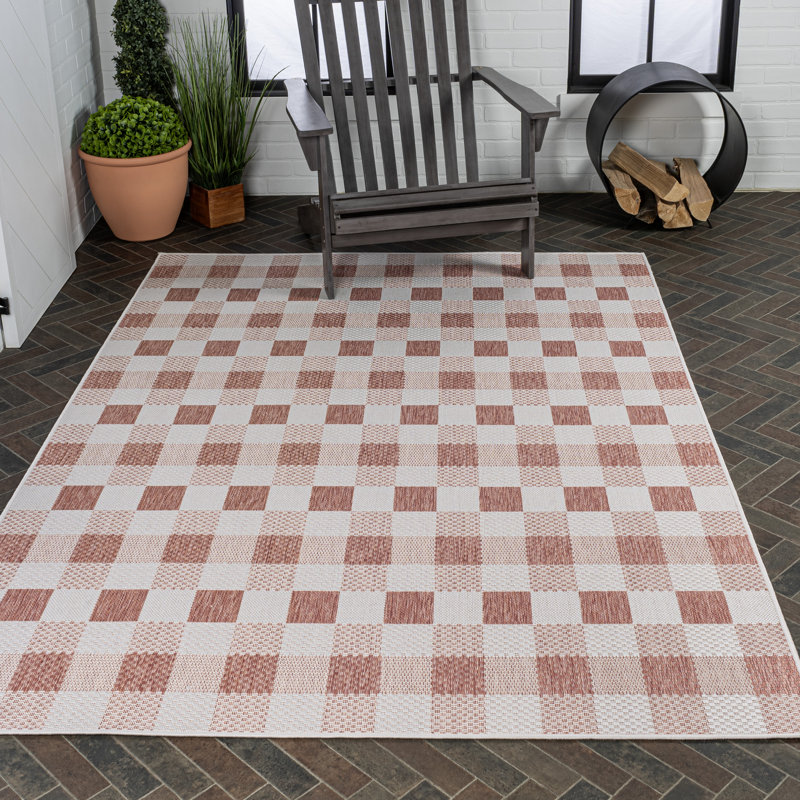 Drora Traditional Geometric Bold Gingham Salmon/Cream Indoor/Outdoor Rug, Rectangle 5'3" x 7'7"