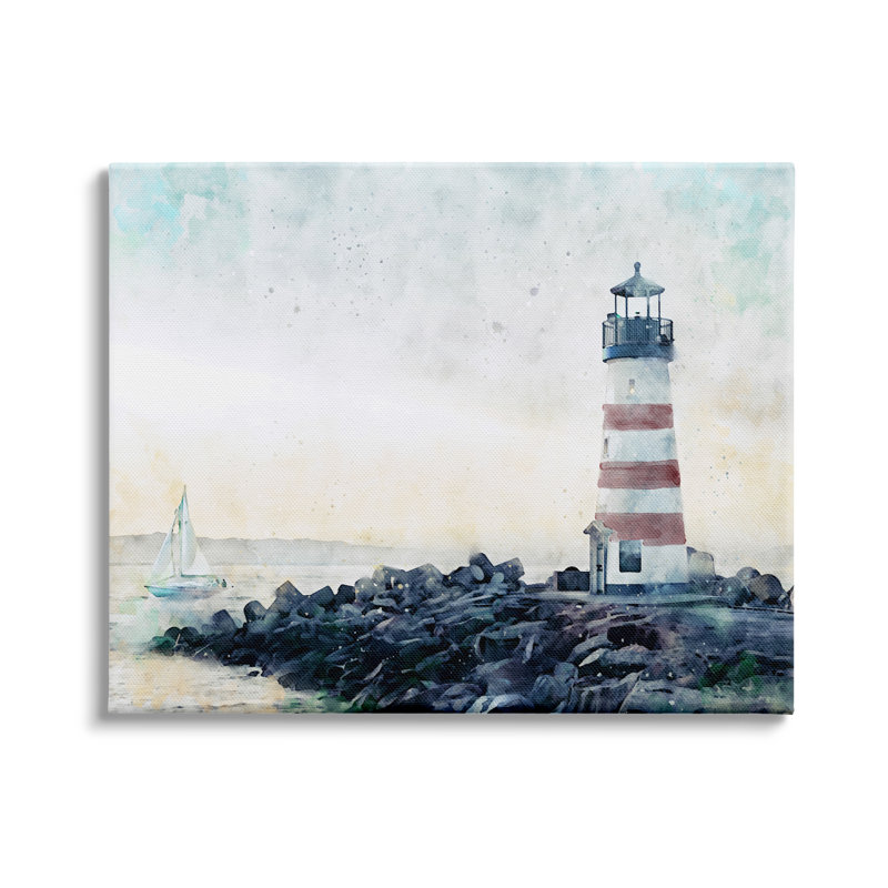 Phare à rayures rouges, plage rocheuse, Coa, par Ziwei Li, H 30 po x l 40 po x P 1,5 po, Toile tendue