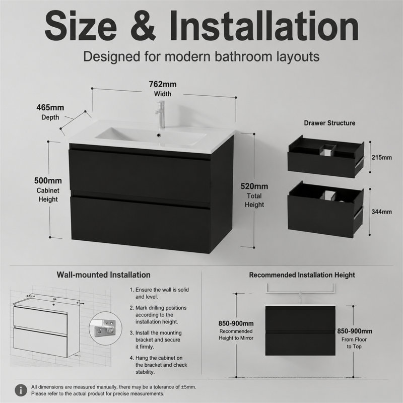 Meuble-lavabo mural suspendu de 30 pouces, Noir