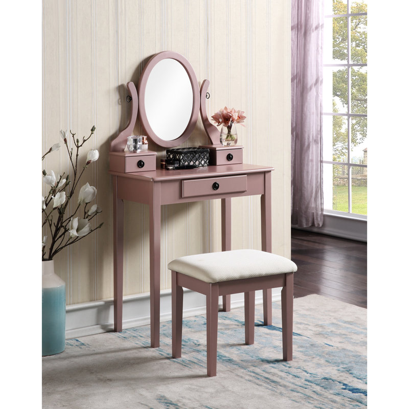 Wood Vanity Table And Stool , Rose Gold Brilliance - 3 Storage Compartments, Adjustable Oval Mirror, Expansive Tabletop For Cosmetics, Comfortable Ensemble, Drawers, Broad Beauty Accessories, Padded
