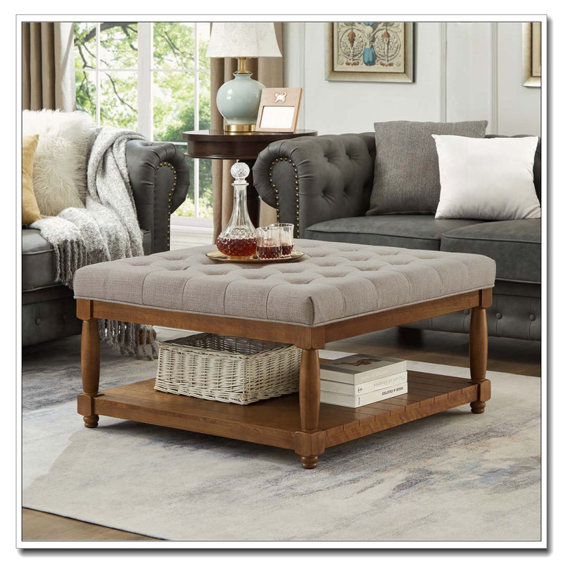 Upholstered Tufted Linen Ottoman Coffee Table, coffee, Square