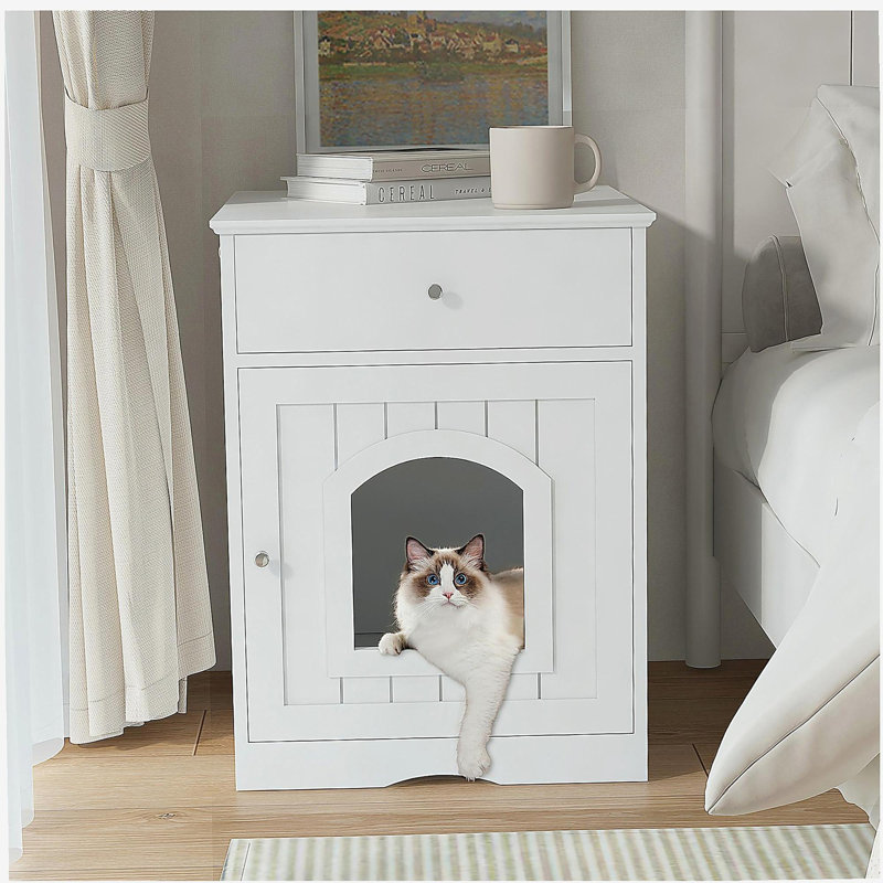 Armoire de rangement en bois pour litière pour chat avec tiroirs, table d'appoint, cage intérieure pour animal de compagnie, armoire de chevet pour chat (blanc)
