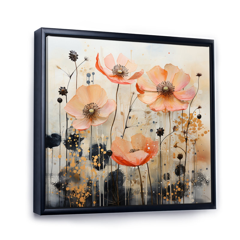 «Peach Blossoming Abstractions I», art mural abstrait sur toile, H 36 po x l 36 po x P 1,5 po, Cadre flottant noir